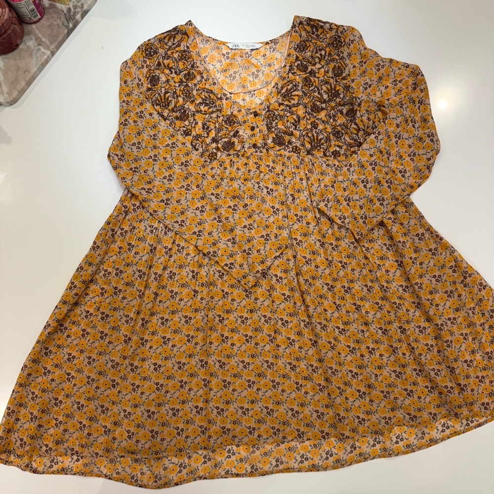 Zara Mustard Yellow and Brown Floral Dress S
